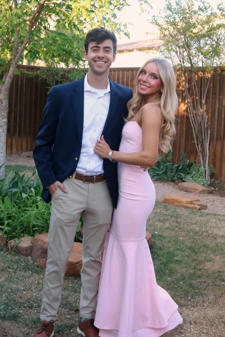 Robe de bal longue en satin rose clair, jolie et charmante, style sirène, bretelles spaghetti